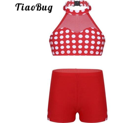 TiaoBug Kids Teens Halter Polka Dots Mesh Splice Ballet Gymnastics Crop Top with Shorts Sports Set Children Girls Dance Costume