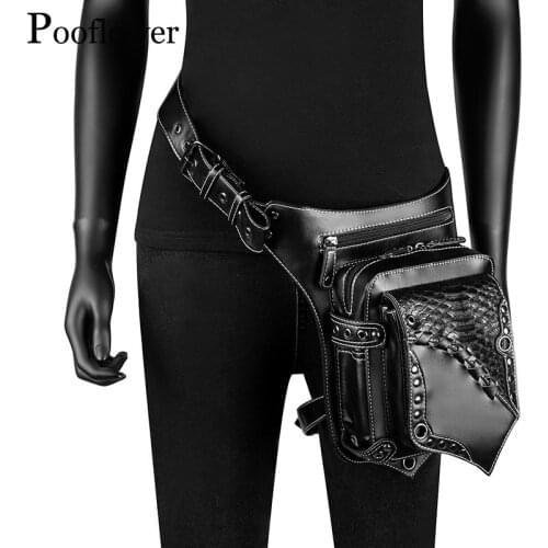 Pooflower Outdoor Tactical Leg Bag Black Pu Leather Punk Motorcyle Men Waist Bag Rock Fanny Packs for Women Running Pouch ZH095