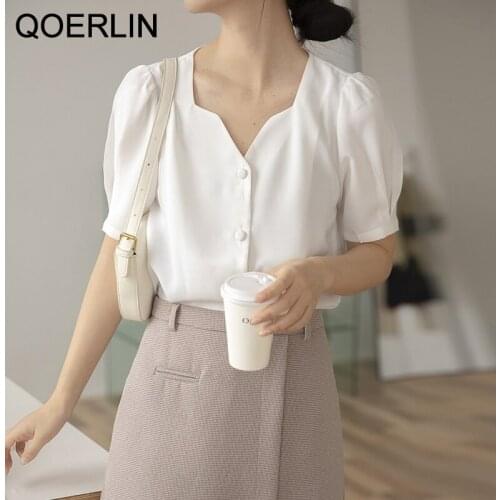 QOERLIN White Chiffon Shirt Female V-Neck Retro Women Blouse Summer Elegant Short Sleeve Tops Plus Size Puff Sleeve Shirts