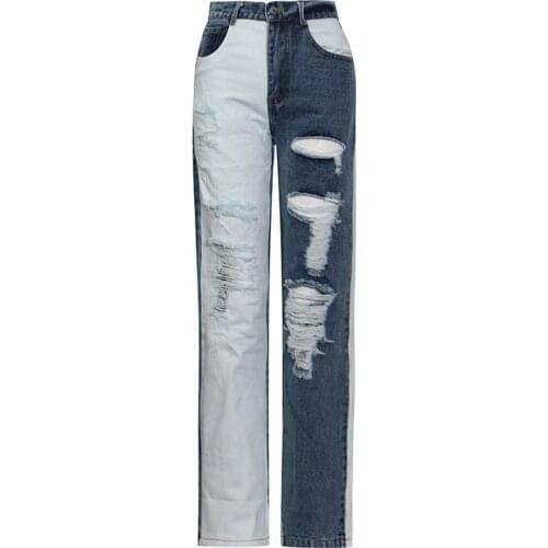 Free Shipping Jeans Women 2021 Autumn New Womens Pants European Fashion Wide Leg Beggar Ripped Jeans High Street