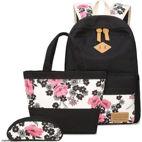 3pcs/Set Backpack Women Casual Floral Printing Backpack Canvas Bookbags School Backpacks Bags for Teenage girls Bagpack Backbag