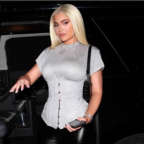 Tinastyle Two Pieces Set Women Tshirts Gray Short Sleeve Crop Top and Corset Top Tees Lace Up Bandage Summer Cropped T Shirt