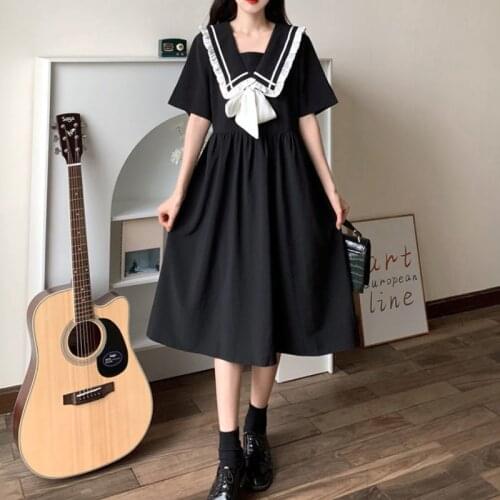 HOUZHOU Black Dress Women Summer Bow 2021 Elegant Vintage Dress Navy Kawaii Sweet Patchwork Sundress Lolita Preppy Style Outfits