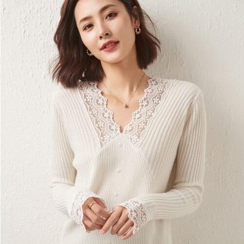 Autumn Winter New Pure Wool Sweater Woman V-Neck Pullover Lace collar Hollow Design Casual Knitted Tops Cashmere Female Jacket