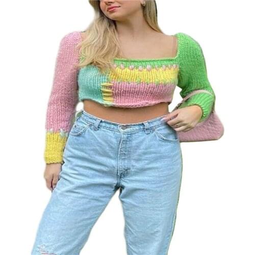 90s E-Girl Y2k Knit Crop Tops Women Color Block Long Sleeve Square Collar Sweater Slim Exposed Navel Knitting Pullover Top