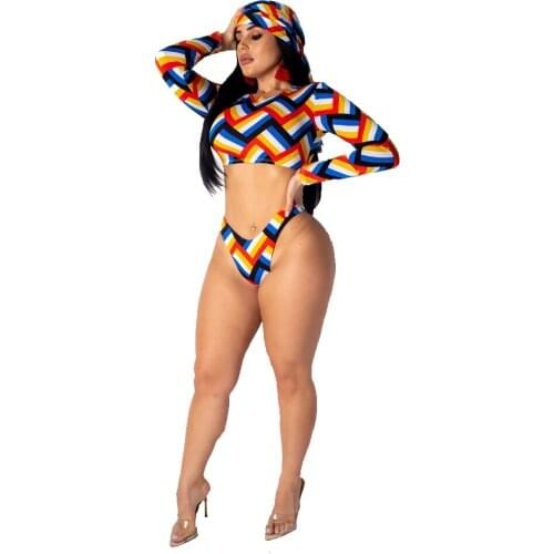 Sexy Print Women Long Sleeves Crop Top Swim suit Bikini Two Piece Set Swimwear with Scarf 3 Pieces Set S-XL Summer Beach Outfit
