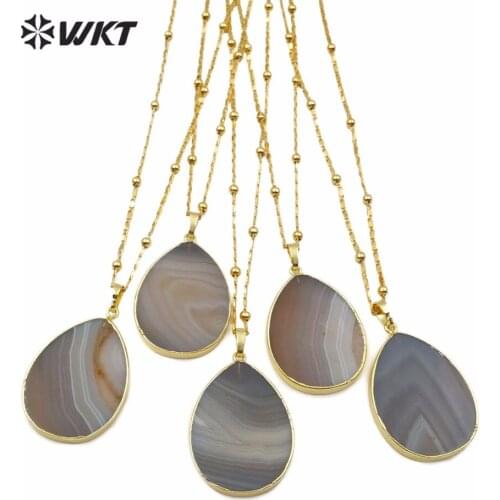WT-N1151 Natural Stone Pendant Grey Agates Pendant Drop Shape Shape Natural Strip Pattern Gold Bezel Lady Stone Pendant Necklace