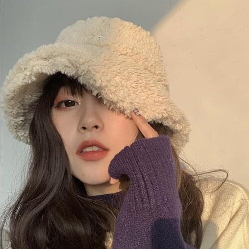 Winter Autumn Thick Warm Soft Lamb Wool Women Bucket Hat Solid Color Female Ladies Flat Top Hat Beanie Bonnet