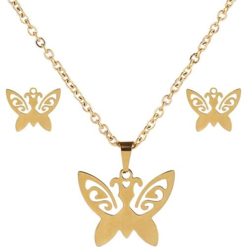 Gold Color Stainless Steel Butterfly Jewelry Set Animal Pendant Necklace Earrings Women/girls Best Gifts