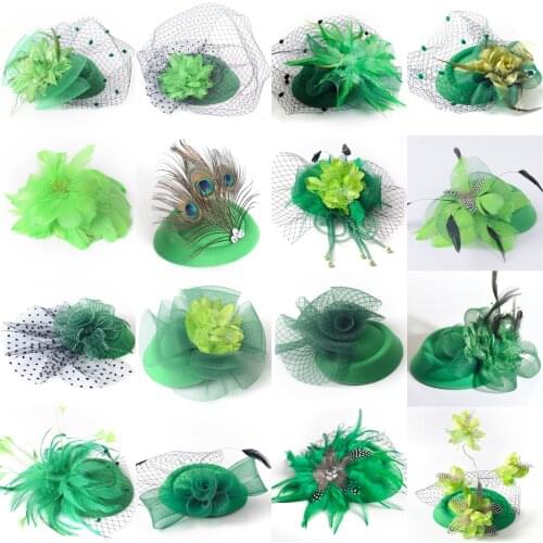 18design Choose Handmade Green Fascinator Flowers Church Pillbox Hat Veils Hair Clips Cocktail Weddings Party Women Hairpiece