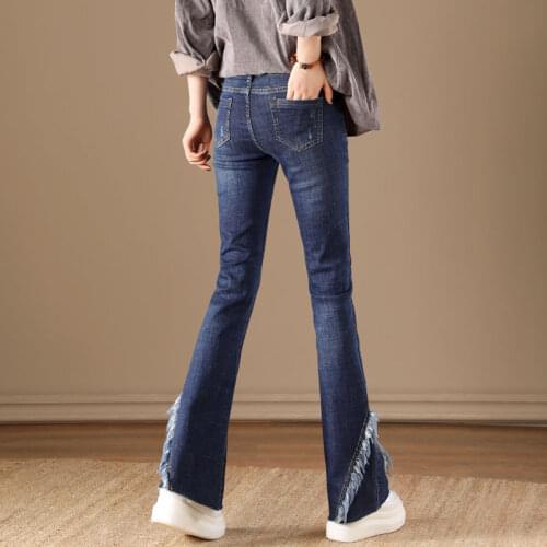 2021 Autumn Winter Women Denim Flare Pants High Waisted Jeans Female Korean Slim Ankle-Length Pants Elastic Tassel Jeans Y46