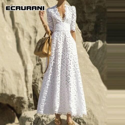 ECRURANI Hollow Out White Dress For Women V Neck Half Sleeve High Waist Slim Elegant Solid Midi Dresses Female New 2021 Summer
