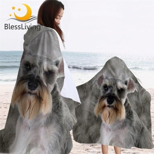 BlessLiving Schnauzer Bath Towels For Adults 3D Dog Hooded Towel Animal Microfiber Bath Towel Gray Fur Wearable Beach Wrap 1PC