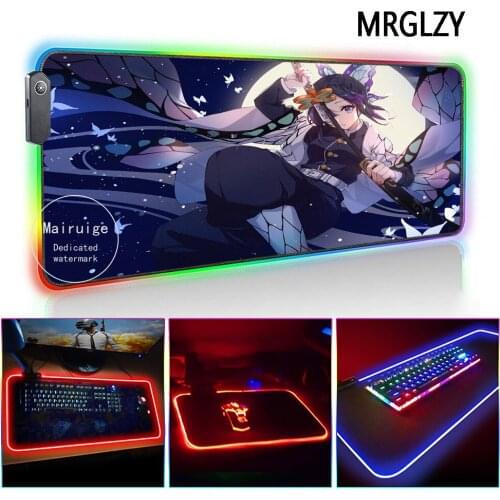MRGLZY Anime Demon Slayer Kochou Shinobu LED Light RGB Gamer XXL Large Mouse Pad DeskMat Gaming Accessories for Laptop Keyboard