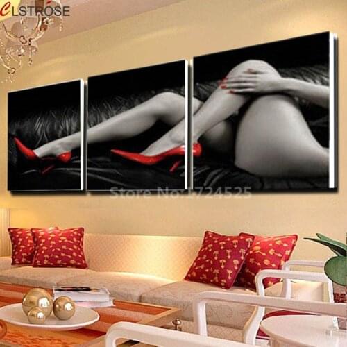 CLSTROSE No Frame 3 Pieces Sexy Lady Canvas Painting Modern Red High Heeled Shoes Wall Pictures Home Decor Living Room Bedroom
