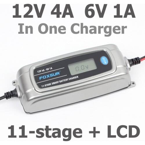 FOXSUR 12V 4A 6V 1A 11-stage Smart Battery Charger, 6V 12V EFB GEL AGM WET Car Battery Charger with LCD display & Desulfator