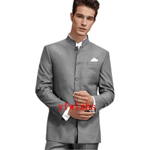 Handsome Groomsmen Mandarin Lapel Groom Tuxedos Wedding Dress Men Suits Blazer Prom Dinner (Jacket+Pants+Tie) K324