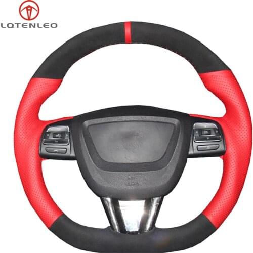 LQTENLEO Black Suede Red Leather Car Steering Wheel Cover For Seat Leon Altea Leon Cupra 2008-2012 Toledo Alhambra 2010-2015