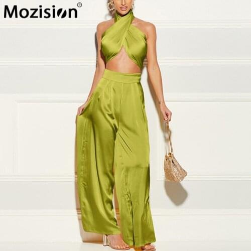 Mozision Trousers Two Piece Set For Women Halter Sleeveless Crop Top Wide Leg Pants Suit Ladies Casual Strapless Sets Fashion