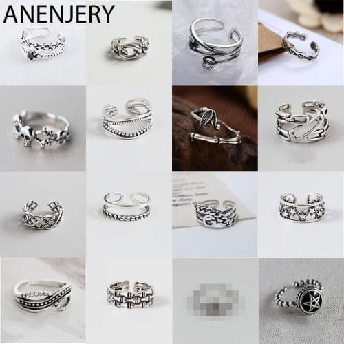 ANENJERY 925 Sterling Silver Vintage Rings Handmade Size 18mm Adjustable Rings For Men Women Thai Silver Jewelry S-R430