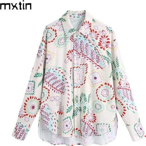 MXTIN 2021Women Fashion Floral Print Blouses Vintage Lapel Collar Long Sleeve Office Ladies Female Shirts Blusas Casual Tops