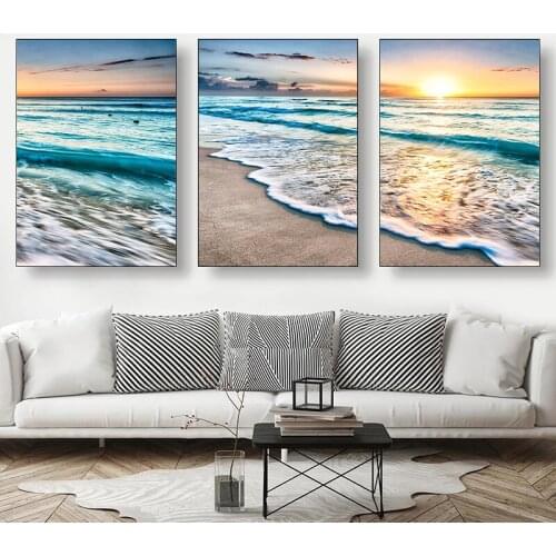 Beach Dusk Nordic Landscape Art Canvas Poster Ocean Wave Sunset Natural Scenery Romantic Frameless Painting Home Decor Art Wall