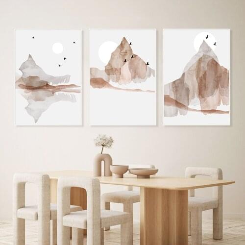 Mountain Sun Birds Cloud Watercolor Poster Canvas Print Modern Art Landscape Painting Wall Pictures for Living Room Decoration