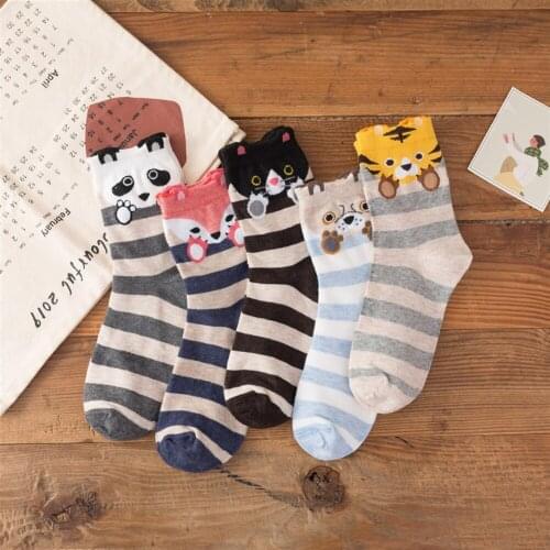 10 Pairs/Lot Cute Women Socks Girl Personality Cartoon Animal Cat Dog Fox Funny Socks Fashion Striped Ladies Cotton Casual Socks