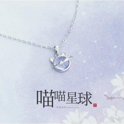 New Original Fashion Meow Planet Cat 925 Sterling Silver Jewelry Simple Temperament Crystal Animal Clavicle Chain Necklaces N133