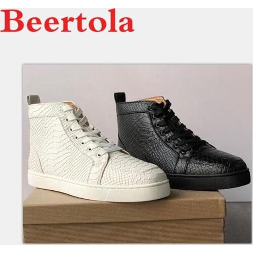 New Mens Sneakers High Top Casaul Flats Snakeskin Pattern Black White Lace Up Espadrilles Men Leather Chaussures De Sport Homme