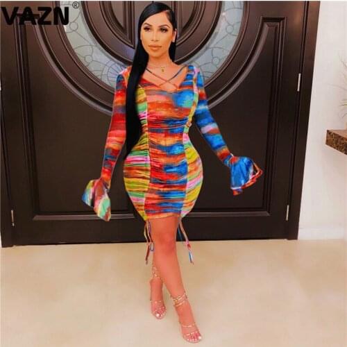 VAZN New 2021 Striped Bandage Pleated Chic Ladies Mini Dress Slim Elegant Female Dress Club Birthday Shinny Dress Full Sleeve