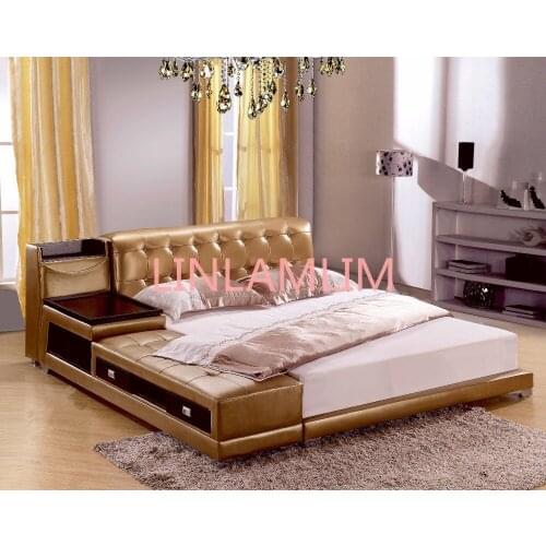 Post modern real genuine leather bed / soft bed/double bed king/queen size bedroom home furniture with storage box and sideboard