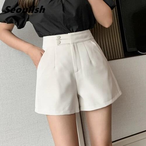 Seoulish 2021 New Spring Summer Formal Womens Shorts Buttons High Waist Office Casual Solid Workwear Wide Leg Shorts Female