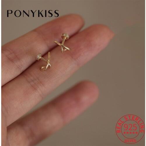 PONYKISS Trendy 925 Sterling Silver Cross Nail Zircon Design 14K Gold Stud Earrings For Women Hiphop Fine Jewlry Drop Shipping