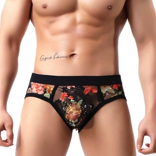 Underwear Lace Briefs Men Sexy See Through Underwear Floral Gay Panty Penis Pouch Jockstrap Underpants Ropa Cueca Hombre Slips