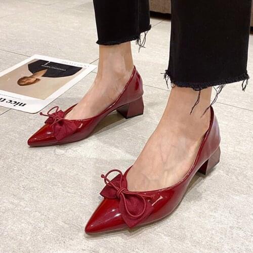 Lucyever 2021 Bow Square Heels Pumps Women Sexy Pointed Toe High Heels Shoes Woman Patent Leather Slip-on Banquet Shoes Ladies