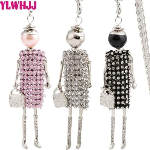 YLWHJJ brand new women lovely dress doll rhinestones long chain necklace girl baby pendant fashion statement jewelry hot
