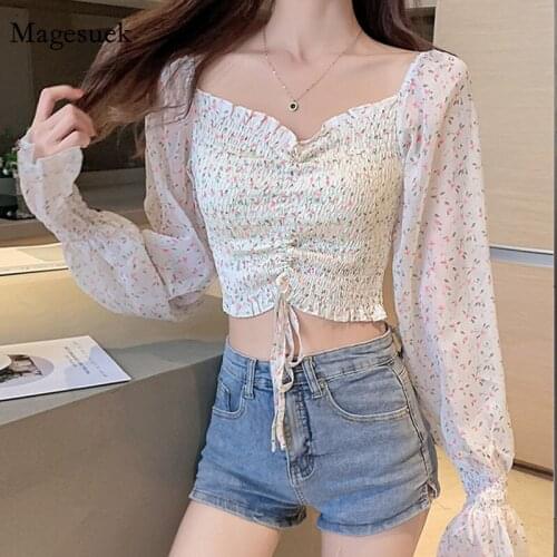 Korean Autumn 2020 Floral Drawstring Chiffon Shirt Women New Clavicle Square Collar Long Sleeve Short Cropped White Blouse 12396