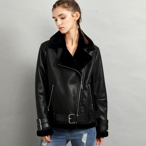 Biker Women Faux Fur Leather Coats Streetwear Thick Warm Flight Women Faux Sheepskin Leather Coats Winter Women Overcoats A309