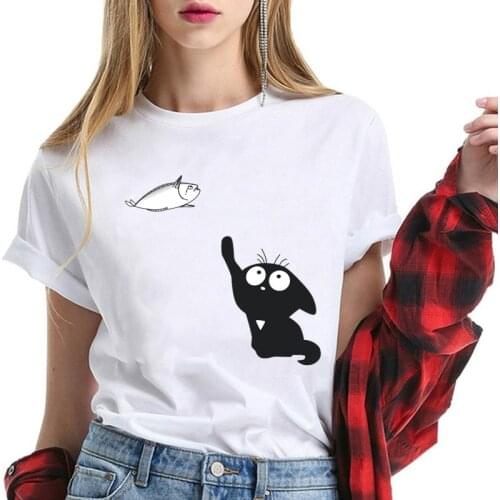 Hillbilly Camisetas Verano Mujer 2019 Cat Catching Fish Lovely Women Cotton T Shirts Harajuku Cotton Graphic Tees Chemise Femme