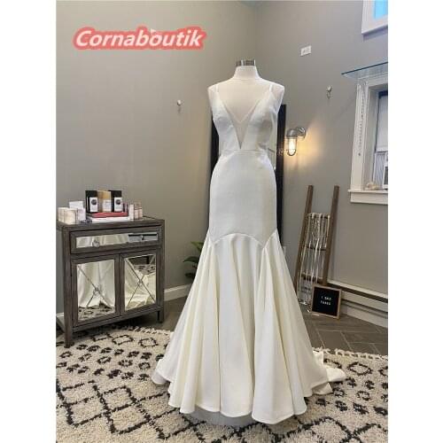 Trumpet Satin Wedding Gowns COR-009 Simple Modern Pleats Deep V Neck Bridal Gowns Custom Made V Back Spaghetti Straps