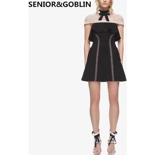 High Quality woman dress 2019 Hollow out Black and whiteJoining together A short sleeved Lace dress