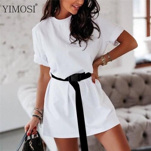 2021 Summer T-Shirt Dress Women Casual Solid Short Sleeve Mini Dress With Belt Elegant High Waist Office Dresses