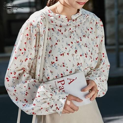 2021 New Autumn Floral Puff Sleeve Chiffon Shirts Women Office Loose Long Sleeve Women Blouse Button Cardigan Ladies Tops 10203