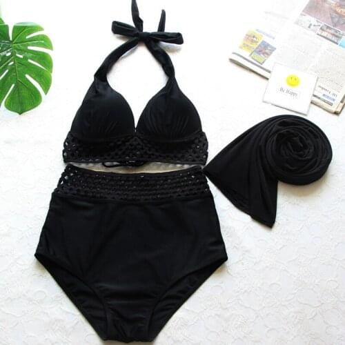 2021 High Waist Black Bikini Three Pieces Swimwear with Scarf Sexy Push Up Women Summer Swimsuit Bathing Suit Beachwear Biquini