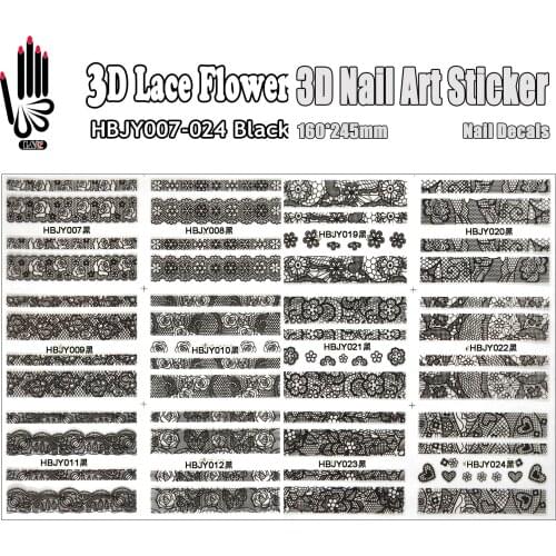 3D Nail HBJY007-024 Black Flower Lace 3d Nail Art Decal for Nail Decoration(12 DESIGNS IN 1)