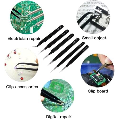 6PCS Anti-static Precision Stainless Steel Tweezers Phone Maintenance Tools Industrial Curved Straight Tweezers Make UP Tools