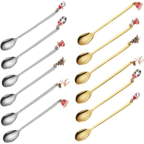 6pcs Stainless Steel Christmas Coffee Spoon Ice Cream Soup Sugar Dessert Teaspoons Mixing Stirrer Kitchen Tableware