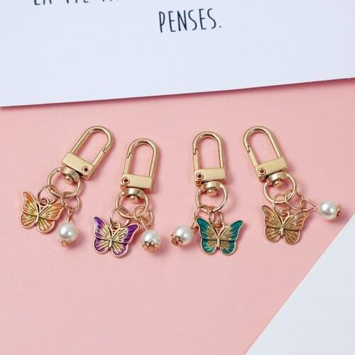 Lovely bowknot Butterfly Faux pearl ornament pentagram key chain Keyrings