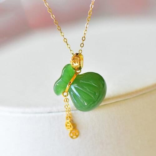 Designer original natural Hetian jade small purse-shaped green necklace pendant noble and elegant ladies silver jewelry